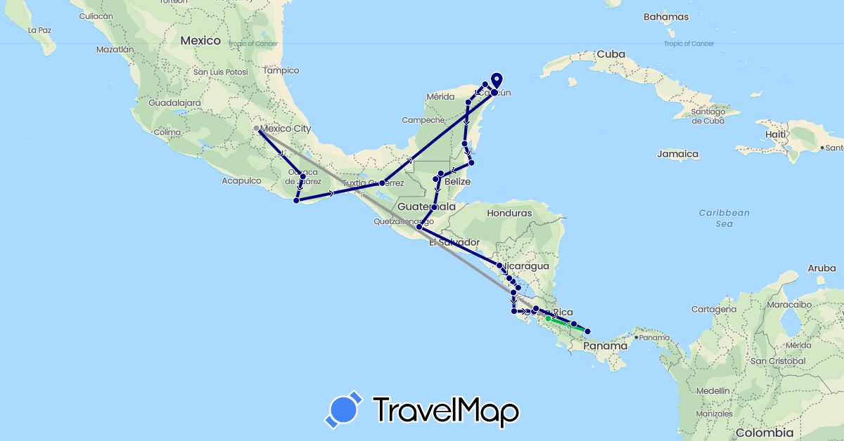 TravelMap itinerary: driving, bus, plane in Belize, Costa Rica, Guatemala, Mexico, Nicaragua, Panama (North America)